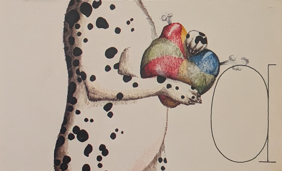 The body of a dalmation dog. It is white with black spots of varying sizes. Its paws are clutching a rapidly deflating toy ball.