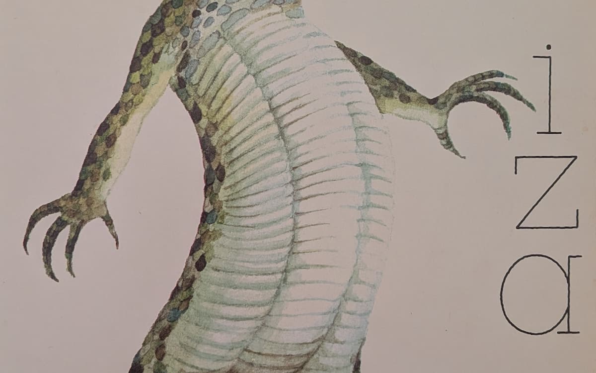 A lizard body standing proud with two unnervingly human-like arms with talon-fingers held outspread.